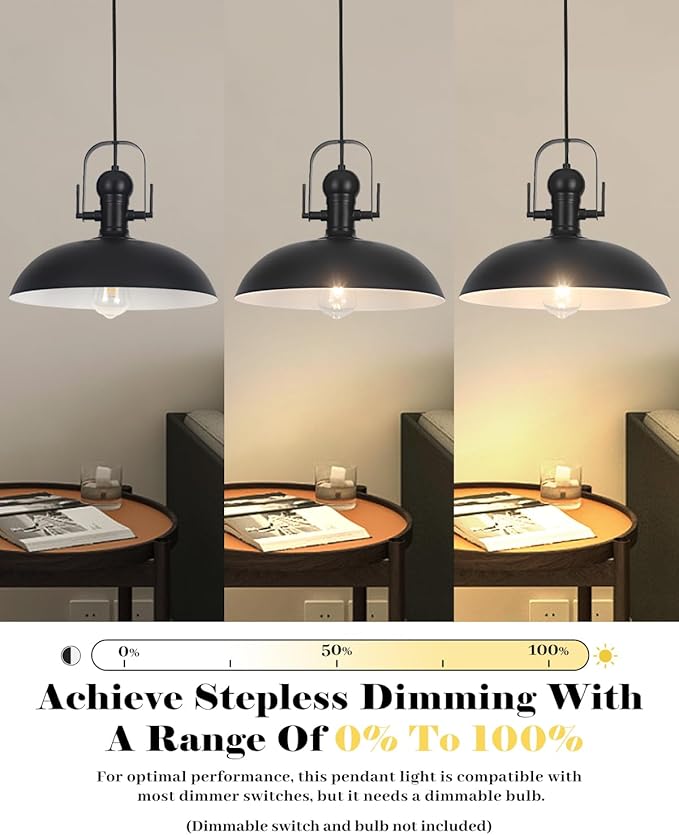 Black Pendant Lights Kitchen Island 1 Pack, Dome Pendant Light 13.8" W, Black Farmhouse Pendant Light for Kitchen Barn Hallway Porch Dining Room