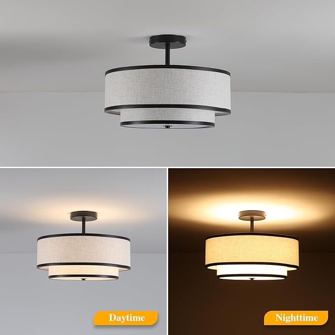 Semi Flush Mount Ceiling Light, 3-Light Double Drum Ceiling Light Fixture with Fabric Shade, Farmhouse Chandelier Dining Room Light Fixture for Bedroom, Kitchen, Hallway (Black)