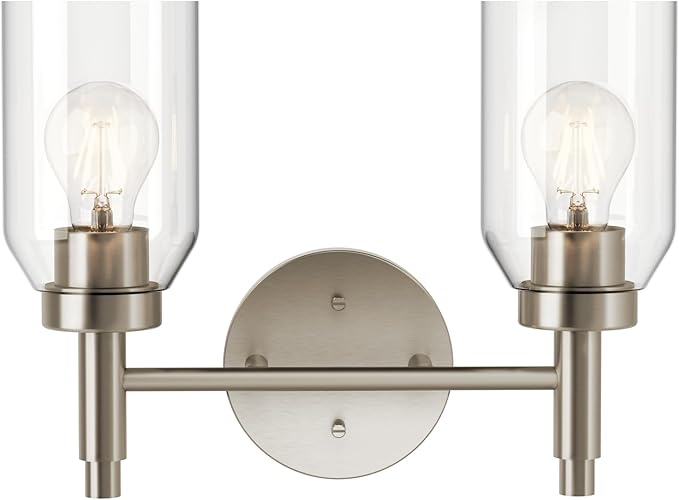 Kichler Madden 2-Light Bathroom Vanity Light Fixture with Clear Glass in Brushed Nickel, Modern Wall Mount for Single or Double Vanity Over Mirror (10.5" x 14.25"), 55184NI