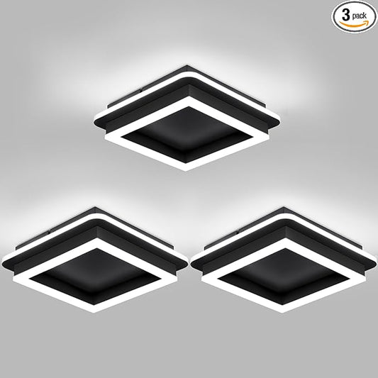 CANEOE 3 Packs Square Flush Mount Ceiling Light, 6000K Black Modern LED Ceiling Light Fixture, Minimalist Hallway Lighting Fixture Ceiling Lamp for Hallway Entryway Bedroom Balcony (All Black)