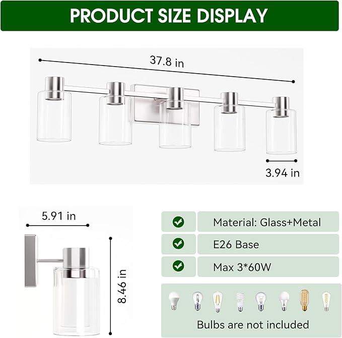 5-Light Modern Vanity Light Fixtures Over Mirror, Brushed Nickel Bathroom Light Fixtures, Vanity Lights, Wall Sconce with Clear Glass Shade for Bathroom, E26 Base