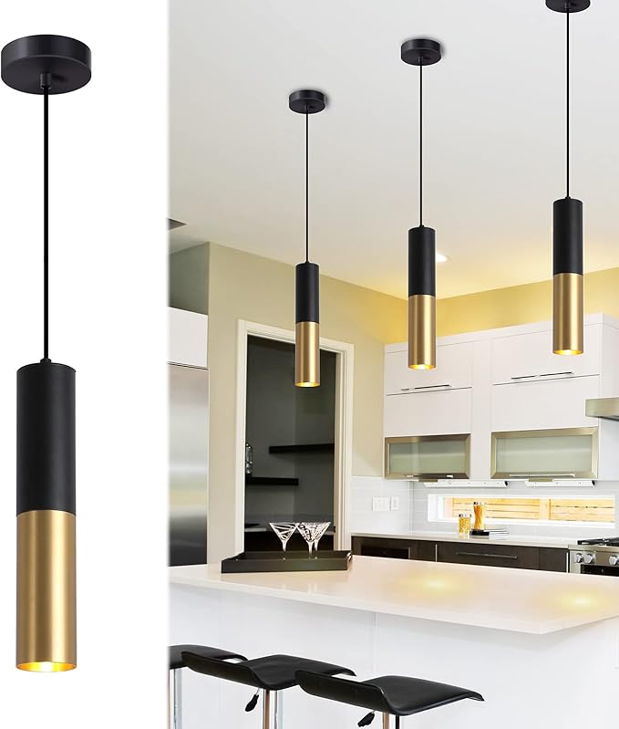 Modern Pendant Light Fixture Kitchen Island,1-Light Black Gold GU10 Hanging Light Cord Adjustable Cylinder Pendants Lamp for Livingroom Bedroom Diningroom 1-Pack