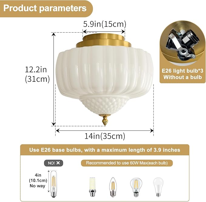 14 inch Vintage Semi Flush Mount Ceiling Light Gold Schoolhouse Ceiling Light Fixture Mid Century Milk Glass Ceiling Lamp for Kitchen Restaurant Bedroom and Hallway(White)