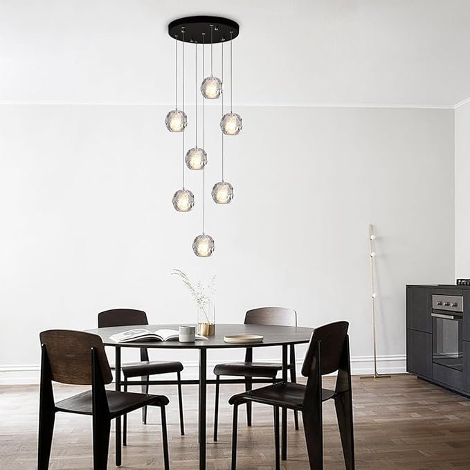 Black Crystal Chandelier, 7 Lights Bubble Cluster Pendant Light Fixture, 59" Long Hanging Light Raindrop Modern Chandelier for Entryway Foyer Staircase