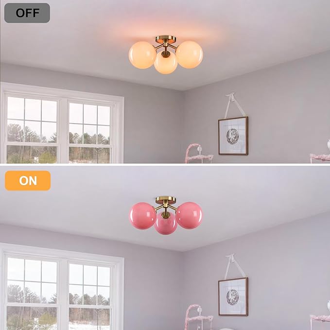 Pink Semi Flush Mount Ceiling Light Fixture, 3 Light Opal Glass Globe Mid Century Modern Light Fixtures for Bedroom,Entryway,Hallway,Living Room,Kithcen,Dining Room