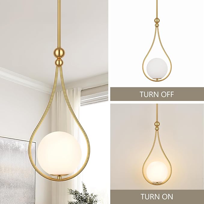 Gold Pendant Lights with Milky White Globe Glass Pendant Lights Kitchen Island Adjustable Mid Century Hanging Pendant Light Fixtures for Kitchen Dining Room Entryway, 1 Pack