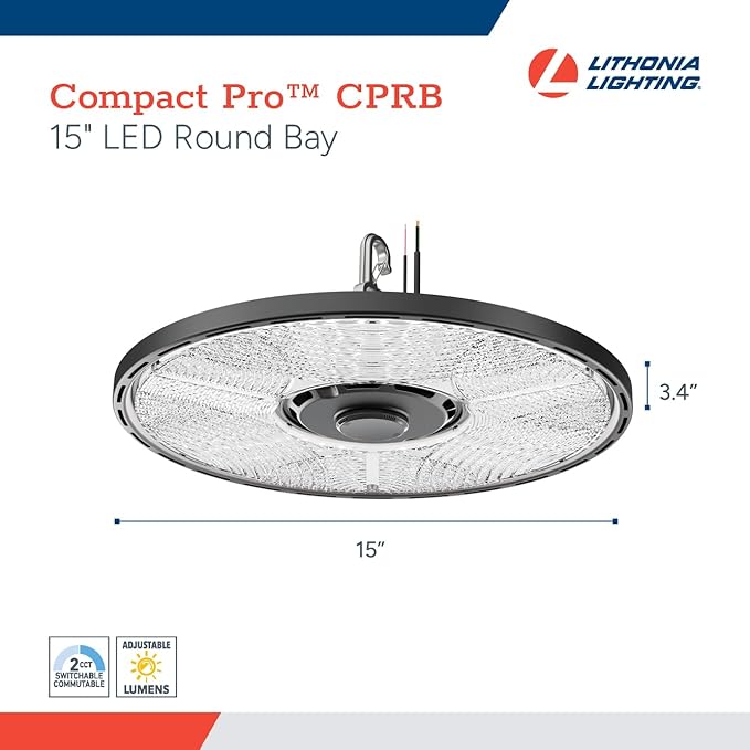Lithonia Lighting Compact Pro Round LED High Bay Light, Ceiling Lighting Fixture, Adjustable 21000/24000/27000 Lumens, Selectable 4000K/5000K, UVOLT 120–347V, Black (CPRB ALO14 UVOLT SWW9 80CRI DBL)