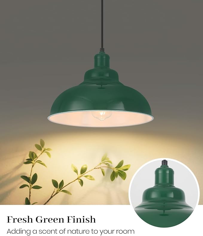 Green Pendant Light, Modern Pendant Light, 11.4in Farmhouse Pendant Lights Kitchen Island 2 Pack, Adjustable Height, Industrial Pendnat Lighting for Dining Room, Living Room, Hallway