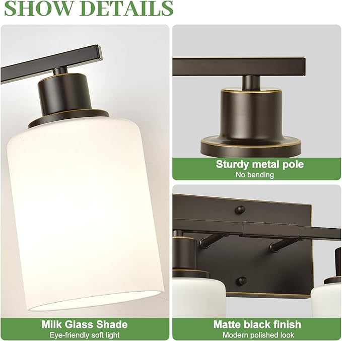 MOKATNG 4-Light Bathroom Light Fixtures, Vanity Light with Milky White Shades, Oil-Rubbed Bronze Bathroom Light Fixtures Over Mirror, Modern Bathroom Wall Lamp for Mirror Living Room Cabinet Bedroom