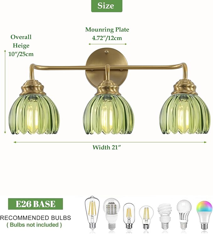 3 Light Vintage Bathroom Light Fixtures, Gold Bathroom Vanity Light, Brass Finish with GreenTulip Glass Shade, Wall Lighting for Bedroom, Living Room, Hallway,E26 Base
