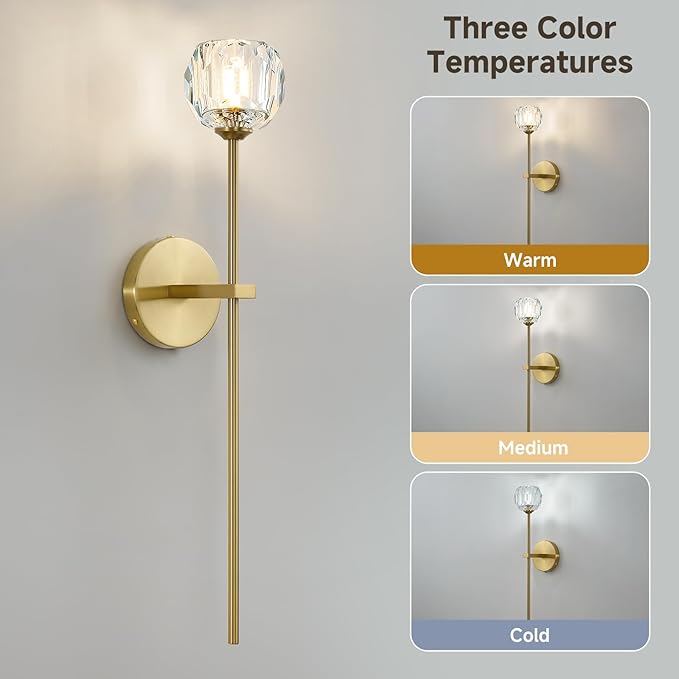 Gold Crystal Wall Sconces Set of Two with G9 Bulbs, Mid Century Modern Diamond Light Brass Vintage Long Lighting Fixture Hardwired for Elegant Vanity Living Room Bedroom Bathroom Hallway