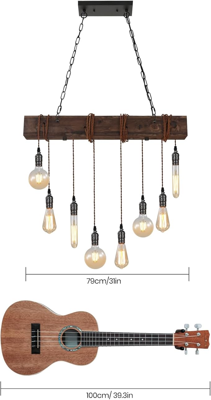 KEESFU 8-Lights Rustic Chandeliers for Dining Room, Farmhouse Wooden Ceiling Pendant Light, Height Adjustable, Rectangle Chandelier for Kitchen Island Dining Room Bar Pool Table Cabin.