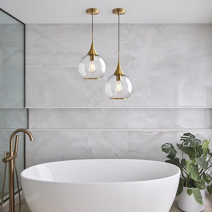 Pendant Lights Kitchen Island: Brushed Gold Light Fixture Farmhouse with Clear Glass - 10 Inch Mid Century Globe Kitchen Lighting Fixtures Ceiling for Dining Room