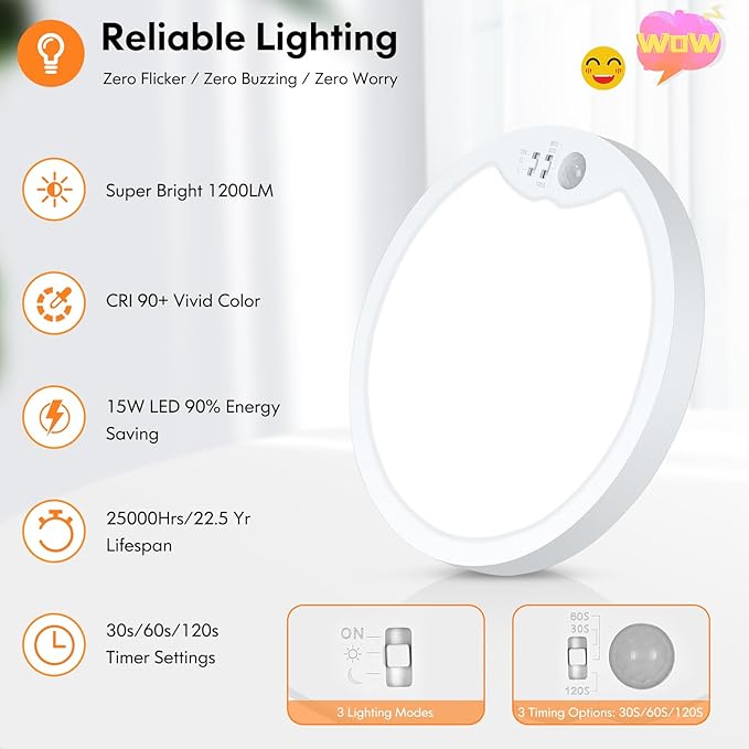 Brightever 2 Pack Motion Sensor Ceiling Light Wired, 2700K/4000K/6500K Small LED Flush Mount Light Fixture, 7 Inch 15W Selectable Motion Activated Closet Lights with Timer for Hallway, Non-Dimmable