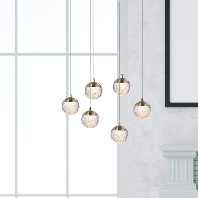 contec development Galaxy 6 Mini Pendant Crystall Ball Lighting Brass - LED Hanging Light Fixture: Kitchen Island, Bar, Foyer - Cluster Pendants - Dimmable, Adjustable Wire, Lamp Bulb Included