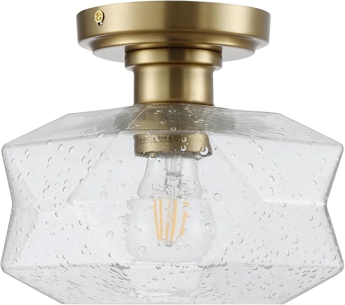 Industrial Semi Flush Mount Ceiling Light, 9 inch Vintage Farmhouse Light Fixture with Seeded Glass Shade, Brushed Brass Canopy for Kitchen, Bathroom, Hallway, Corridor, Passway, Bedroom