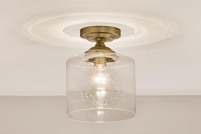 Kichler Winslow 8.5" 1-Light Semi Flush with Clear Seeded Glass in Natural Brass for Secondary Entrances, Transition Areas, Bedroom, or Office (10.75" x 8.5"), 44033NBR