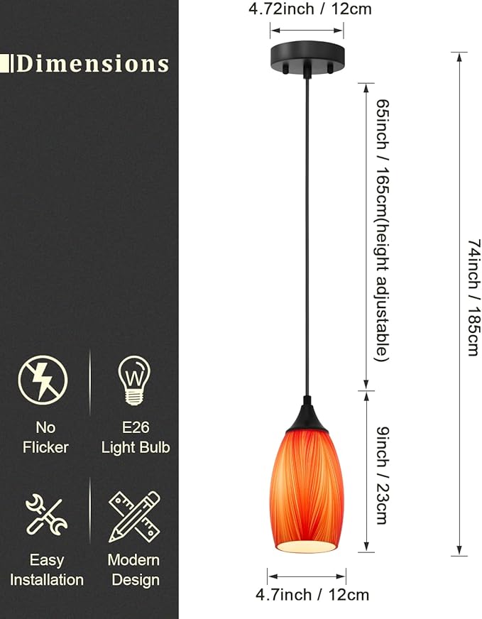 ANYLOVE Vintage Art Orange Pendant Lighting,1-Pack Hand Glass Hanging Light Fixture,Adjustable Cord for Kitchen,Hallway,Dining Room
