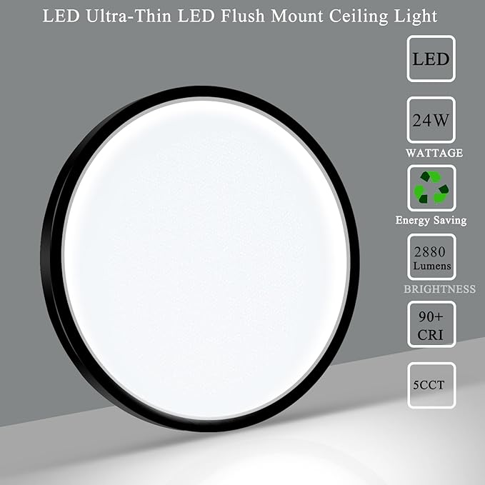 2 Pack LED Flush Mount Ceiling Light Fixture, 24W 12Inch 3000K, 3500K, 4500K, 5000K, 6500K 5 Color Temperatures Low Profile Ceiling Light for Bedroom, Living Room, Dining Room, Black