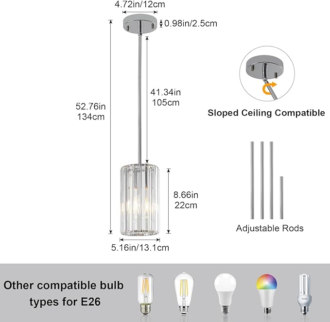 Chrome 2-Pack Modern Pendant Lights Mini Chandelier Kitchen Island Pendant Lights Hanging Light Fixtures Adjustable Crystal Chandelier Fixture for Island Dining Room Hallway Bedroom