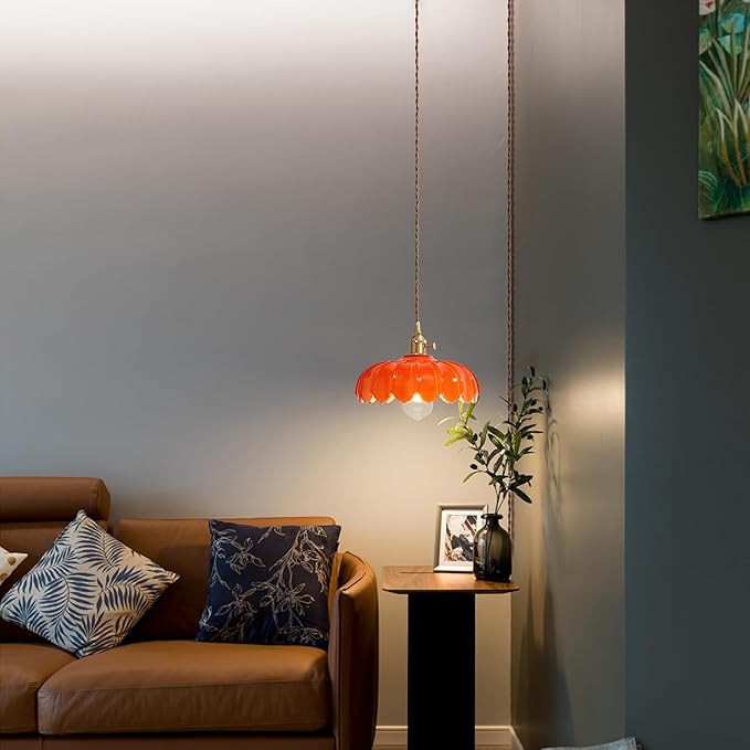 XZHGCEE Plug in Pendant Light: Hanging Light Plug in Orange Glass Hanging Lamp, Pendant Lighting for Kitchen Island, Bedroom, Dining Room, Living Room, E26 No Bulb