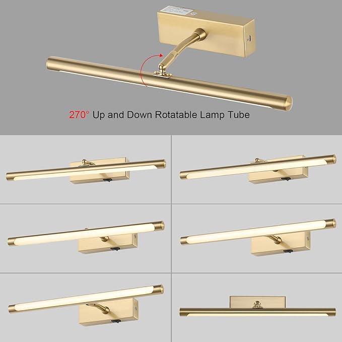 Picture Light for Wall Battery Operated, 20" Rechargeable Art Light with Remote and Timer for Painting, 9000mAh Wireless Wall Light for Display, Artwork, Portrait, Gallery, Gold