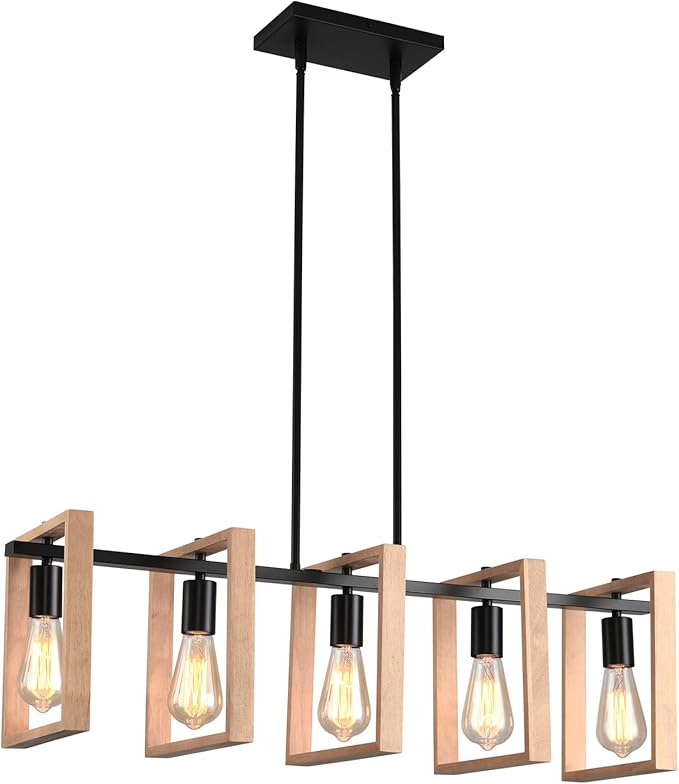 Kitchen Island Lighting Hanging for Farmhouse Linear Chandeliers,Modern Chandelier Over Table, Matte Black Rustic Wood Ceiling Pendant Light,Dining Room Hanging Light Rustic Wood