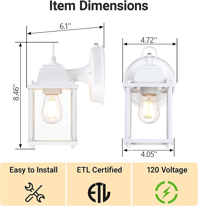 LIT-PaTH Dusk to Dawn Outdoor Wall Lantern, Wall Sconce Waterproof Porch Lighting Fixture, E26 Base, Aluminum Housing with Glass Shade, 1-Pack, White