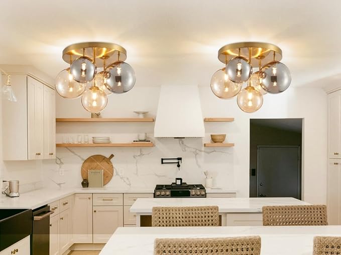 AGV LIGHTING Flush Mount Ceiling Light Fixture, Modern Bubble Glass Ceiling Light with Black Metal Frame, 5-Light G9 Base Gold Brass Ceiling Chandelier for Bedroom Living Room Kitchen Dining Room