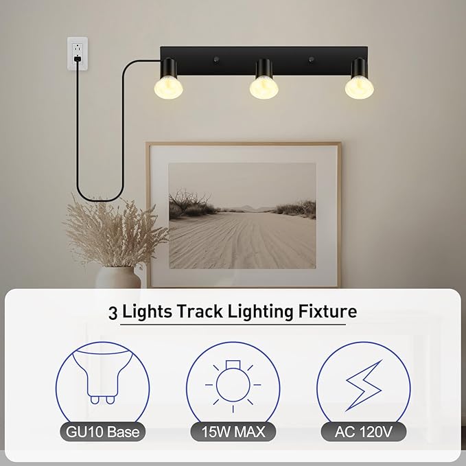 Plug in Track Lighting, 16" LED Track Light Fixtures Ceiling, Black 3 Way GU10 Wall Spotlight, Rotatable Track Head, Plug in Ceiling Light Kitchen Hallway Living Room,15 Foot Power Cord(NO Bulb)