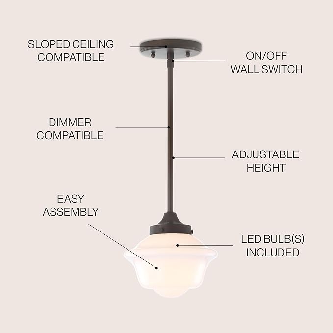 JONATHAN Y 7.25" Oil Rubbed Bronze Modern Schoolhouse LED Pendant Light Fixture, Adjustable Drop Metal Hanging Lamp with White Glass Shade for Kitchen Island, Dining Room, Foyer (JYL3516C)