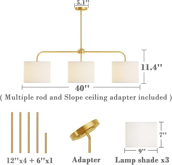 Electro bp 3-Light White Linen Drum Shade Chandelier with Polished Gold Metal Linear Pendant Light Fixture for Kitchen Island, Dining Table, E26, 180W