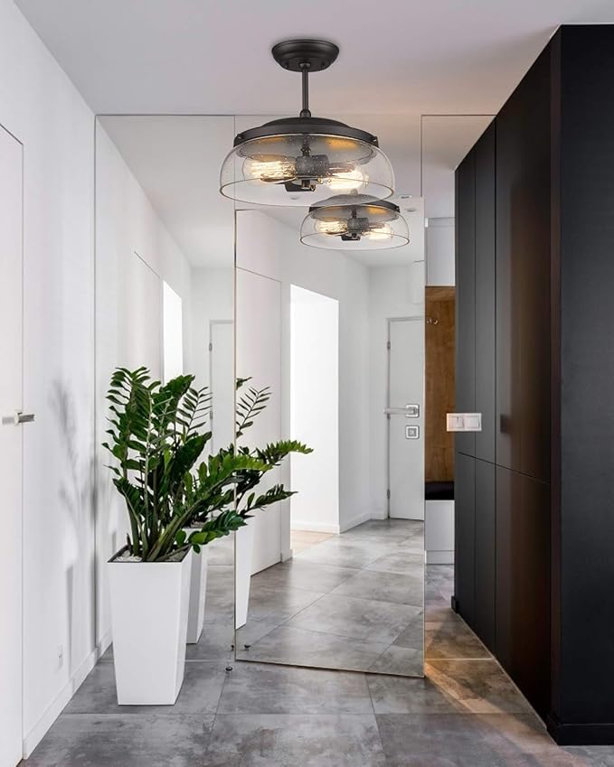EAPUDUN Semi Flush Mount Ceiling Light, 2-Light Modern Light Fixture with Seeded Glass Shade, Oil Rubbed Bronze Finish for Hallway Corridor Kitchen Bathroom Bedroom Passway, SMA1124-ORB