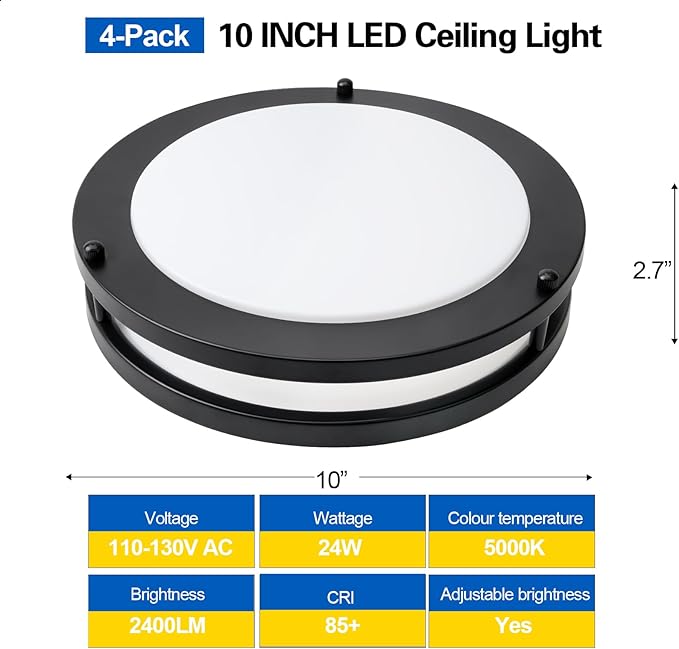 OOWOLF 4-Pack 10 Inch 24W LED Ceiling Lights, 5000K Brightness Adjustable Flush Mount Ceiling Light, Super Bright Brushed Nickel Lighting Lamp Fixture for Bedroom Bathroom Dining, Daylight White