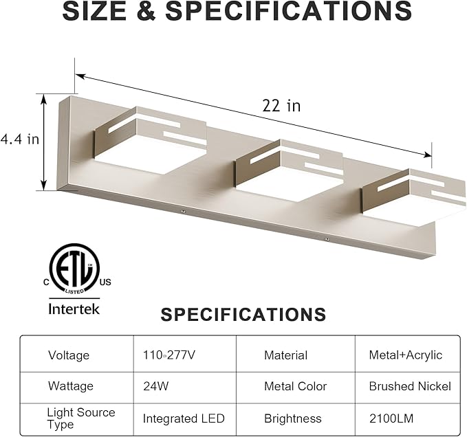 LED Modern Bathroom Vanity Light Fixtures, 3-Light 22-inch Dimmable Brushed Nickel Vanity Lights for Bathroom Lighting Fixtures Over Mirror, with 360° Rotatable Acrylic Heads (Cool White 6000K)