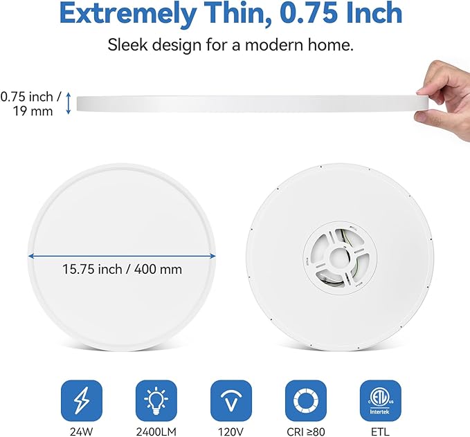 CycevSun 15.8 Inch Dimmable LED Ceiling Light Flush Mount, 3000K-4000K-5000K Selectable - 24W Super Bright 2400LM - Slim Large Round White Trim, 2 Pack
