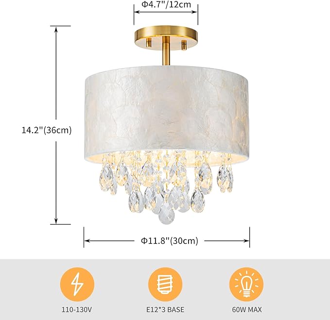 12inch 3-Light Capiz Shell Crystal Ceiling Light, Coastal Design Semi-Flushmount Drum Light Fixture for Hallway, Living Room, Bedroom, Clear Crystal & Shell Lampshade & Gold Finish Frame