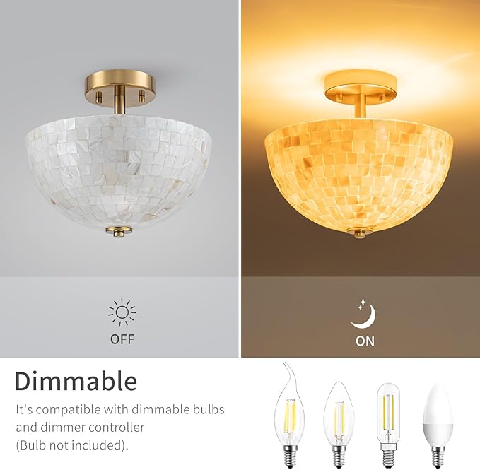 D12 inch Modern Capiz Shell Ceiling Light, 2-Light Coastal Design Semi-Flushmount Light Fixture for Dining Room, Hallway, Bedroom, D12xH10 inch, Shell Lampshade & Gold Finish Frame