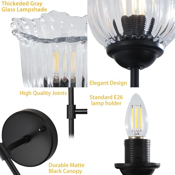 Black Wall Sconces 1-Light, Modern Wall Sconce with Clear Glass Flower Shade, Hardwired Wall Mount Light Fixtures for Living Room Bathroom, Bedroom, Hallway