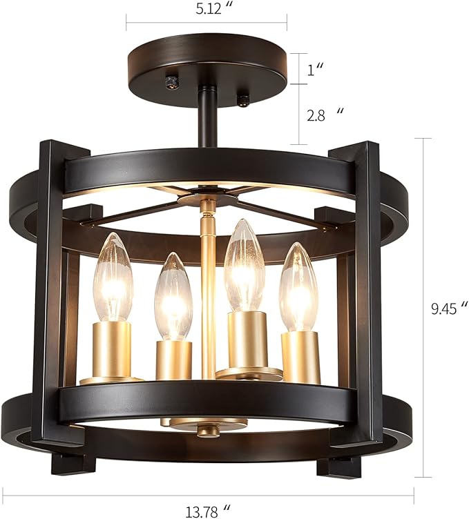 MEIXISUE 4-Light Semi Ceiling Light Flush Mount BK+GD Farmhouse Rustic Vintage Antique Ceiling Light Fixture for Hallway Entryway Gazebo Kitchen Dining Room Bedroom UL Listed