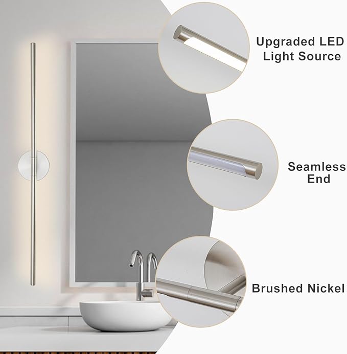 Brushed Nickel Bathroom Light Fixtures Over Mirror 43 Inch, 33W 360° Rotatable Dimmable 4000K LED Vanity Light Bar, Modern Bathroom Vanity Lights Above Mirror