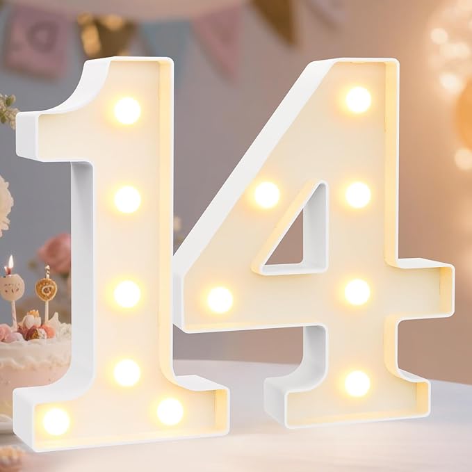 Pooqla Decorative Led Light Up Number Letters, White Plastic Marquee Number Lights Sign for 14th Birthday Party Wedding Decor Battery Operated Number (14)
