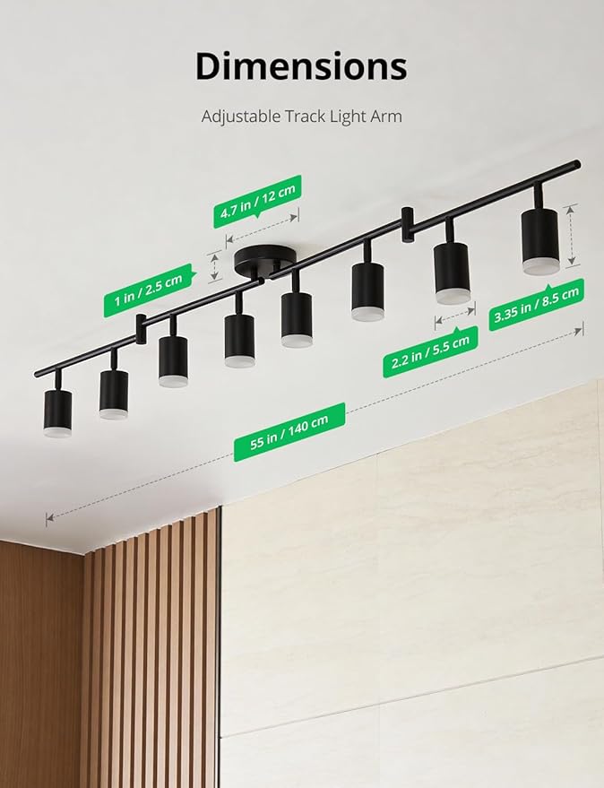 Bojim 8-Light Ceiling Track Lighting Fixtures for Kitchen, Black Modern Led Track Light for Living Room & Closet, 4.6 ft Long Flexible Adjustable Arms, GU10, Bulbs Not Included