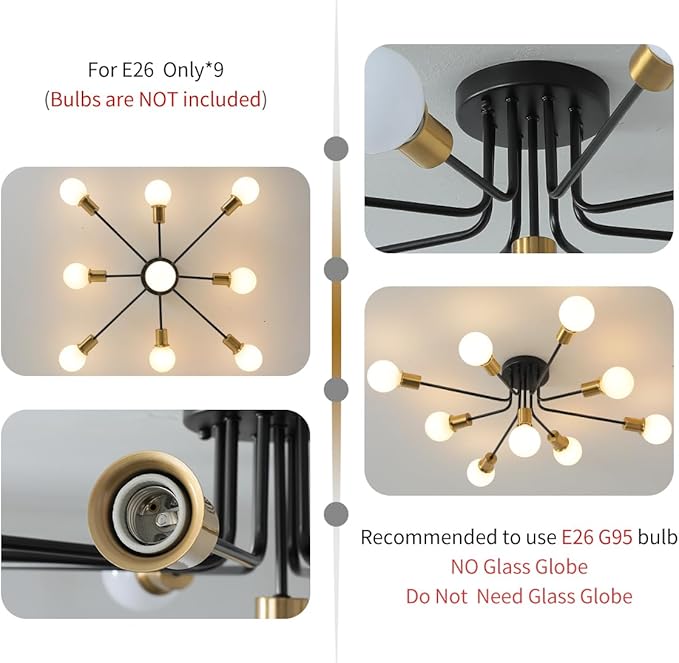 9-Lights Semi Flush Mount Ceiling Light Fixture Black and Gold,Modern Sputnik Semi Flush Mount Chandelier for Office Kitchen Bedroom Dining Room Living Room