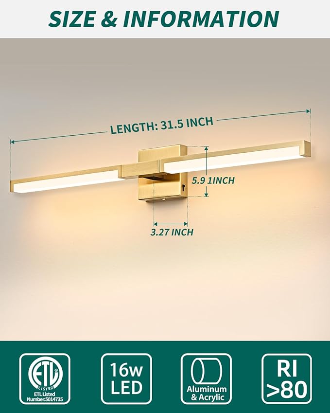 OKELI 32 Inch Bathroom Vanity Light Fixtures, Gold Modern Light Fixtures Over Mirror, 16W 5CCT Dimmable Wall Light- 2Pack