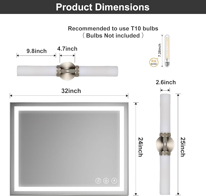 LaLuLa Brushed Nickel Vanity Lights – 2-Light Hardwired Bathroom Light Fixtures with White Glass Shades and Textured Metal Body, Chrome Wall Sconces for Over Mirror or Hallway