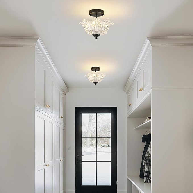 Semi Flush Mount Ceiling Light, Black Light fixtures with Floral Clear Glass Shade, Modern Close-to-Ceiling Lighting for Bedroom Kitchen Living Room Hallway