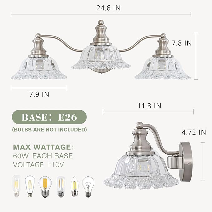 Brushed Nickel Bathroom Light Fixtures Over Mirror, 3 Light Vintage Bathroom Vanity Light Fixture with Clear Flower Glass Shades, Retro Vanity Lights for Bathroom, Bathroom Vanity Lights Over Mirror