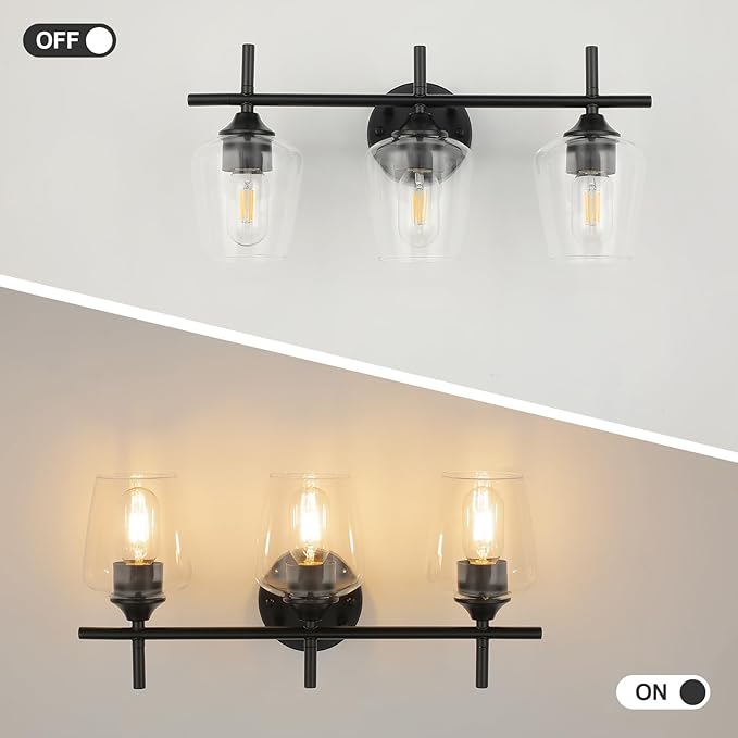 Bathroom Vanity Light Fixtures, 3-Lights Over Mirror Modern Vanity Lighting with Clear Wine Glass Shade Wall Lamp for Bedroom Hallway Living Room(Black, 3-Light)