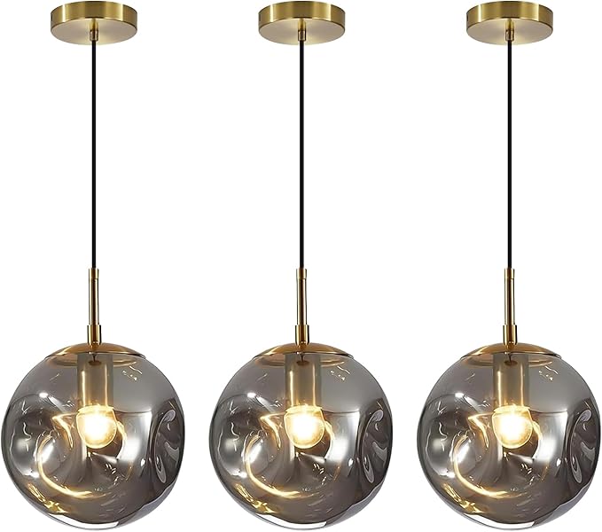 Modern Smoke Gray Concave Glass Pendant Light, 3-Pack Kitchen Island Lighting Single Globe Pendant Light Fixtures Century Kitchen Island Pendant Light for Bedroom Dining Room Light (Without Bulbs)